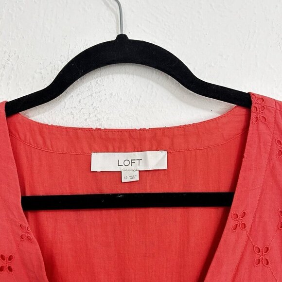 LOFT Coral Embroidered Eyelet Flutter Sleeve Tiered Ruffle Shift Dress Size 12 - Picture 5 of 13